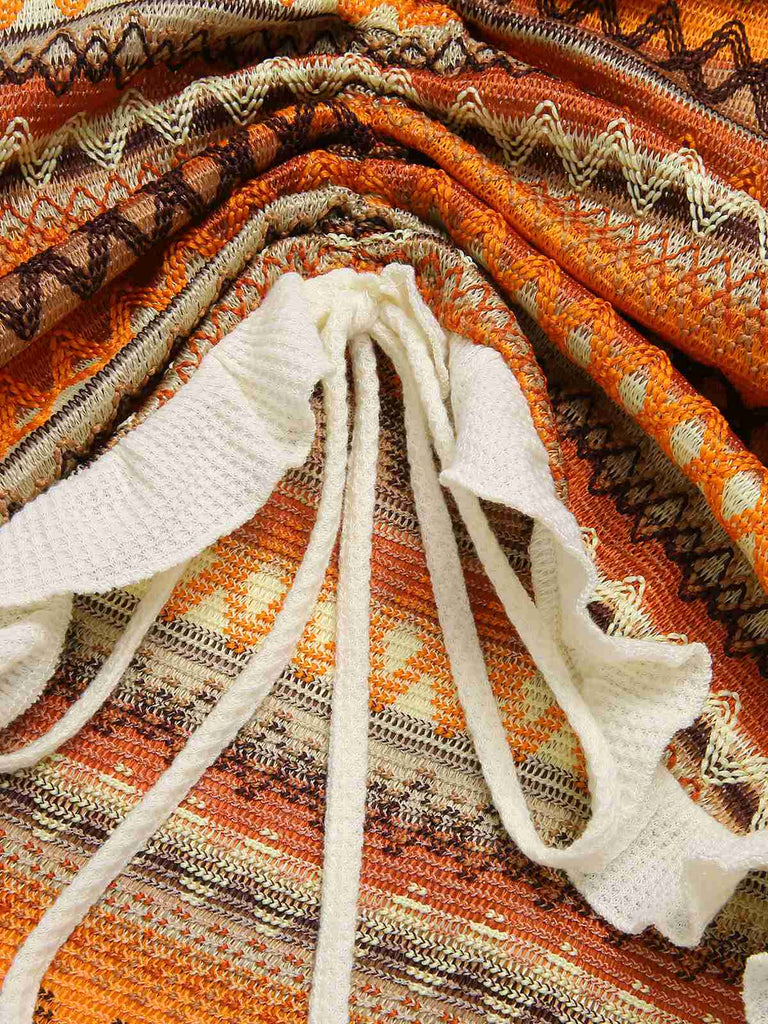 Multicolor 1960s Bohemian Drawstring Knit Straps Dress