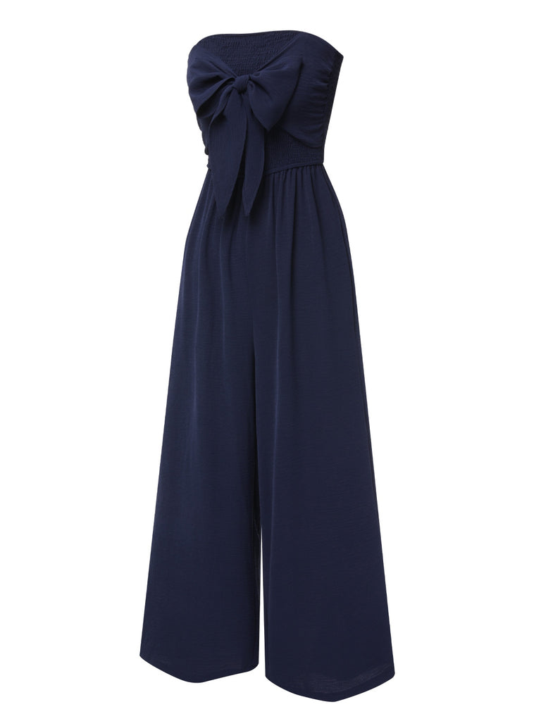 Dark Blue 1960s Solid Bow Strapless Jumpsuit