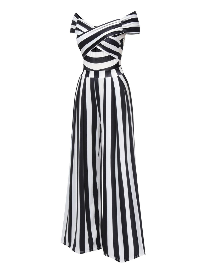 Black 1960s Off-Shoulder Stripes Jumpsuit