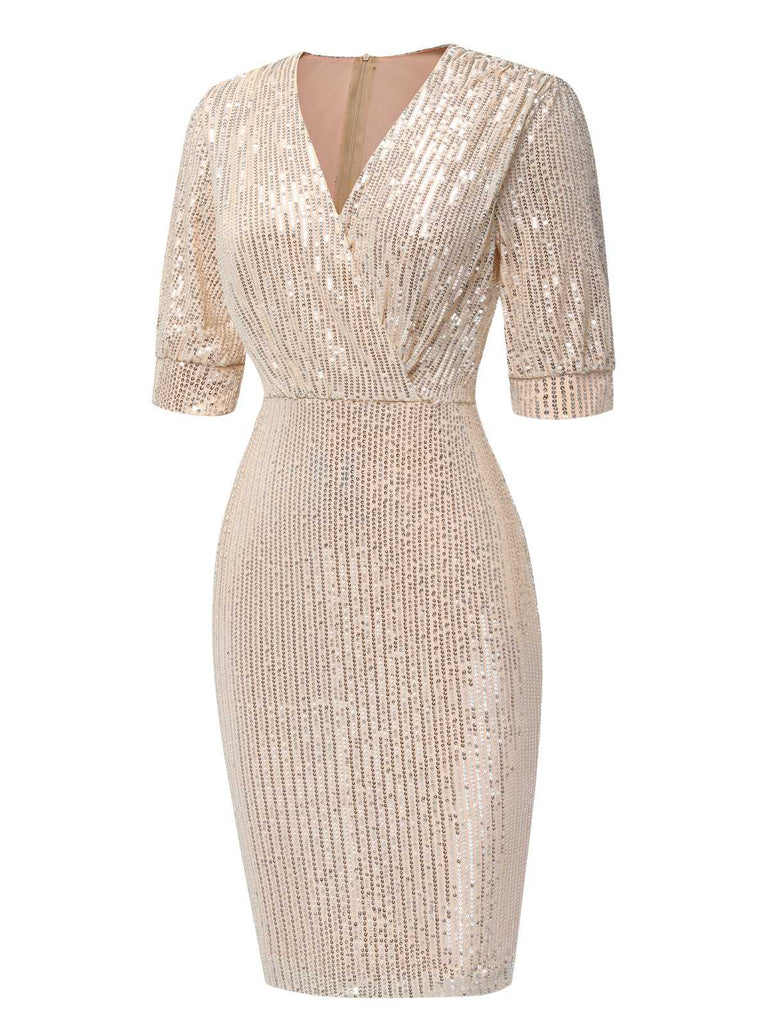 1960s V-Neck Sequined Half Sleeves Bodycon Dress