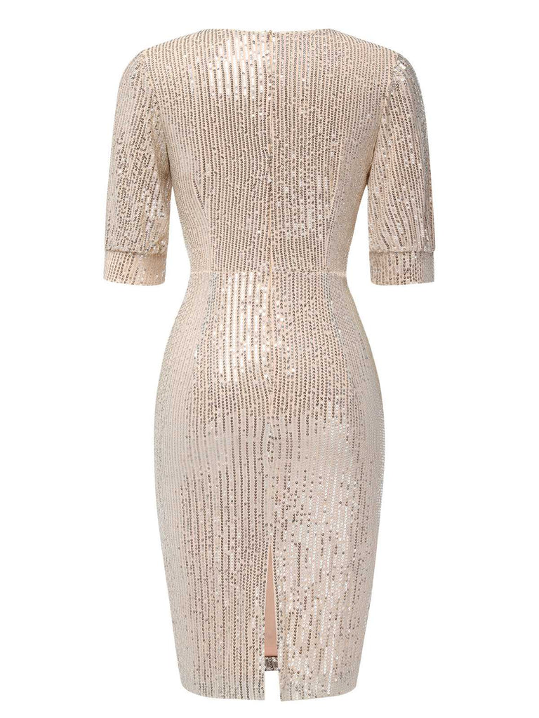 1960s V-Neck Sequined Half Sleeves Bodycon Dress