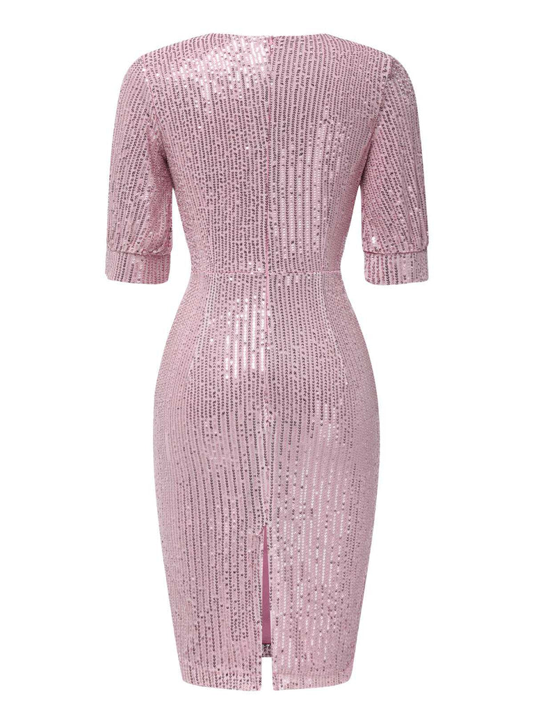 1960s V-Neck Sequined Half Sleeves Bodycon Dress