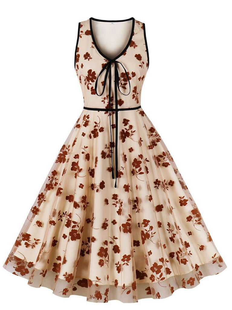 1950s Floral Bow V-Neck Mesh Swing Dress