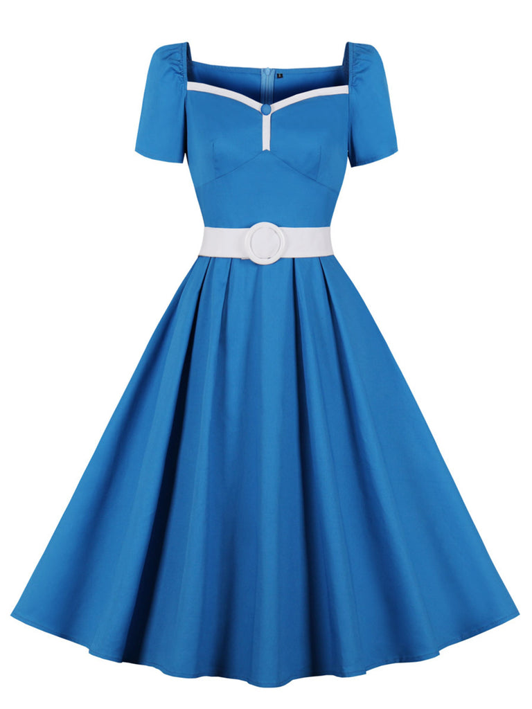 Blue 1950s Solid Sweetheart Neck Belt Dress