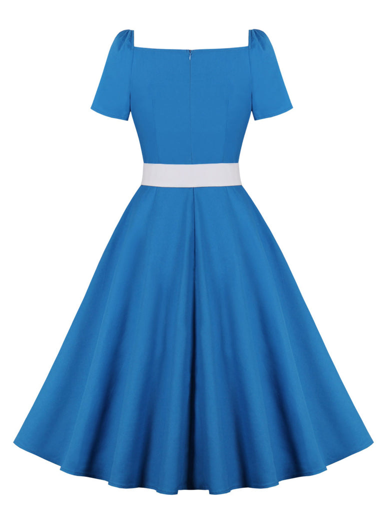 Blue 1950s Solid Sweetheart Neck Belt Dress