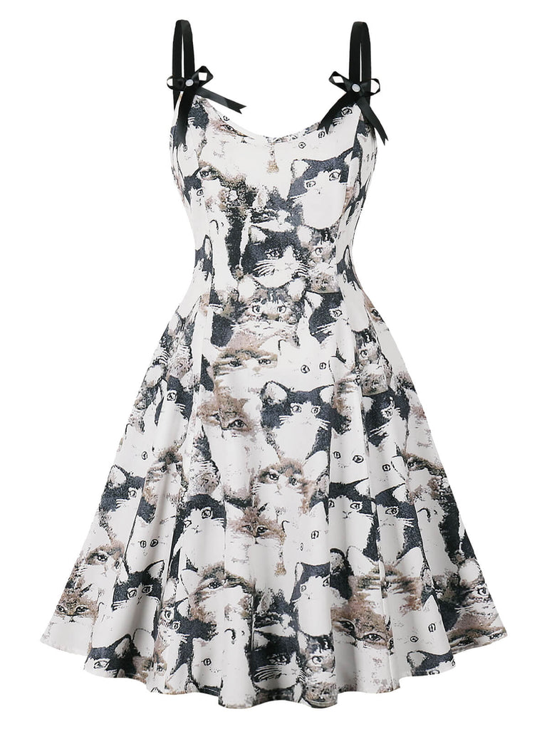 White & Black 1950s Cats Print Strap Dress