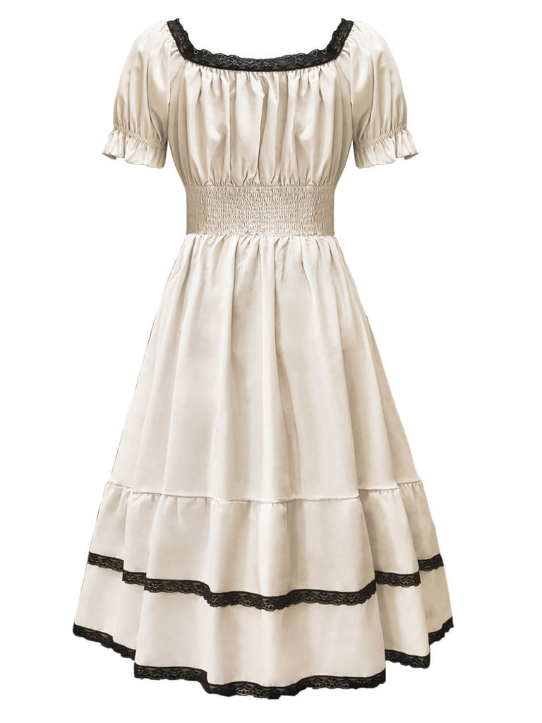 Beige 1950s Lace Patchwork Square Neck Dress