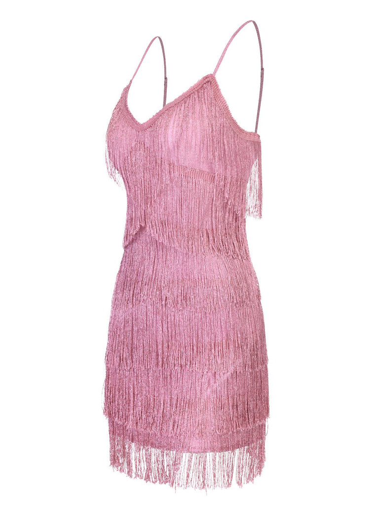 Pink 1920s Spaghetti Strap V-Neck Fringe Dress