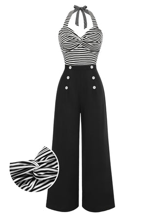 Black 1960s Stripe Knit Patchwork Halter Jumpsuit
