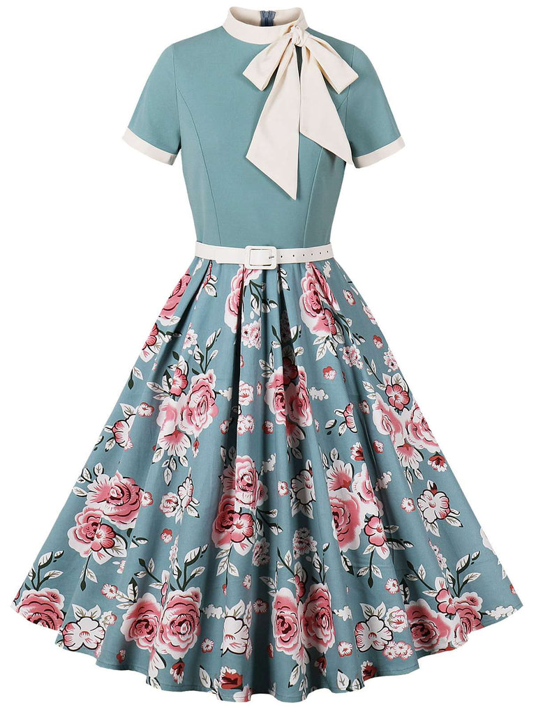 Green 1950s Rose Patchwork Tie Collar Dress