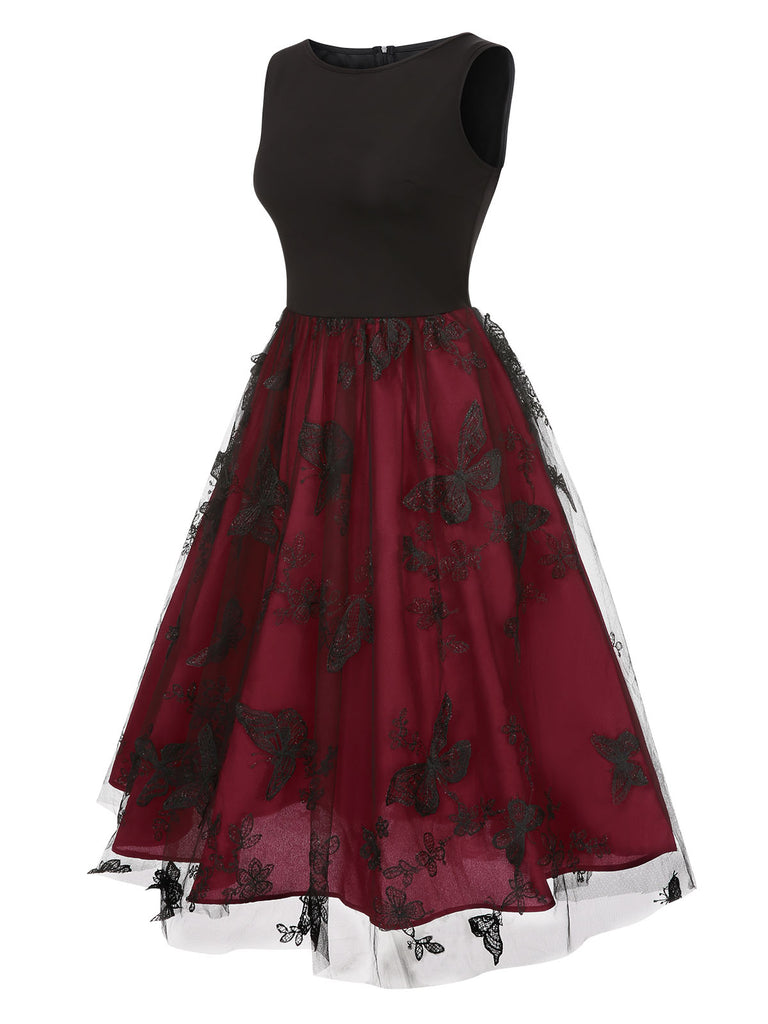 Deep Red 1950s Mesh Butterflies Sleeveless Dress