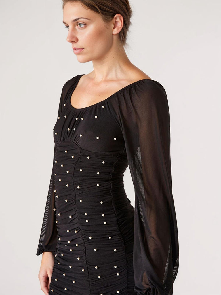Black 1970s Mesh Off Shoulder Pearl Wrinkle Dress
