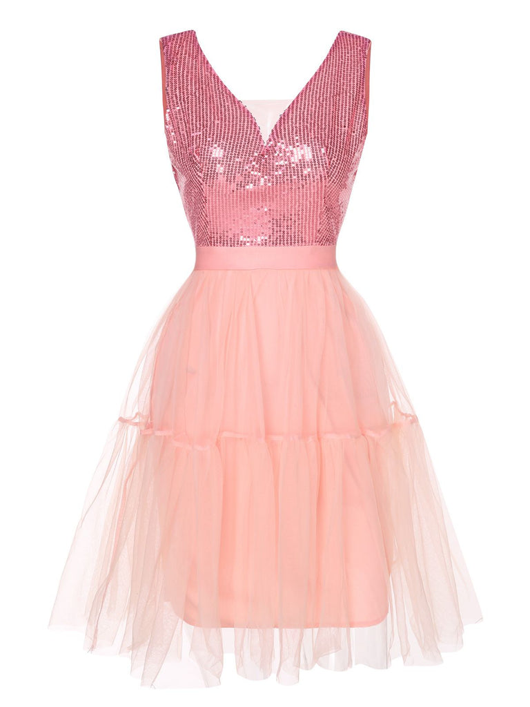 Pink 1970s Deep V-Neck Sequined Dress