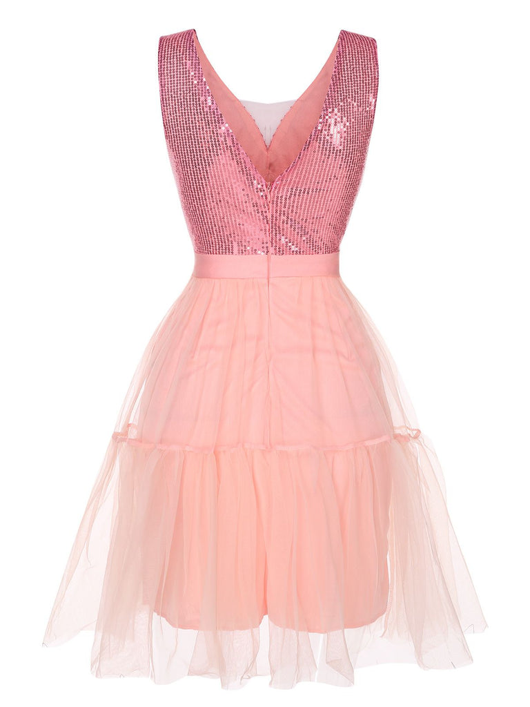 Pink 1970s Deep V-Neck Sequined Dress