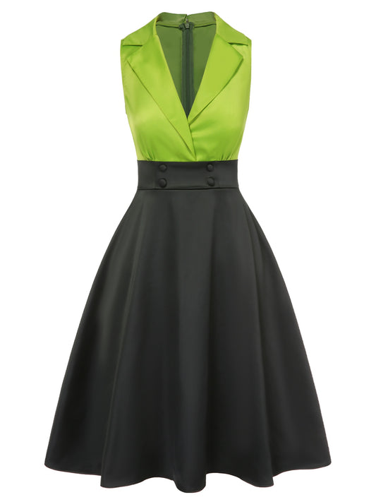 [Pre-Sale] Green 1950s Satin Lapel Patchwork Dress