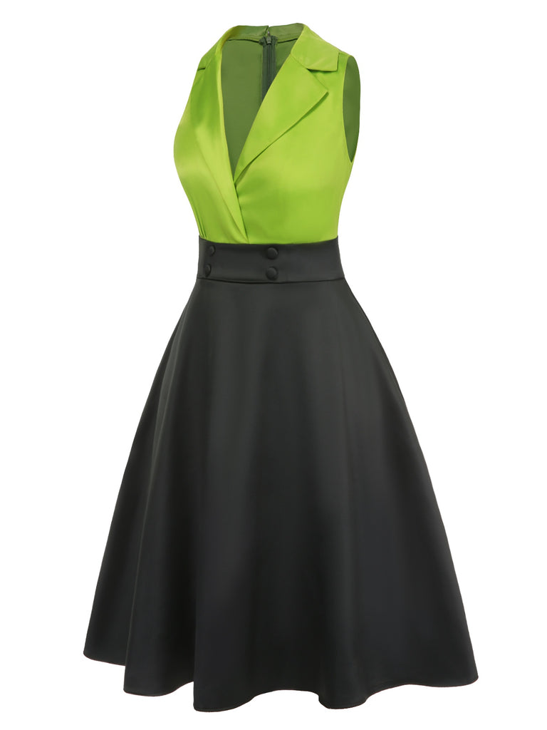 [Pre-Sale] Green 1950s Satin Lapel Patchwork Dress