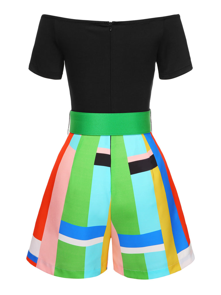 [Pre-Sale] 1980s Off-Shoulder Geometric Colorblock Belted Romper