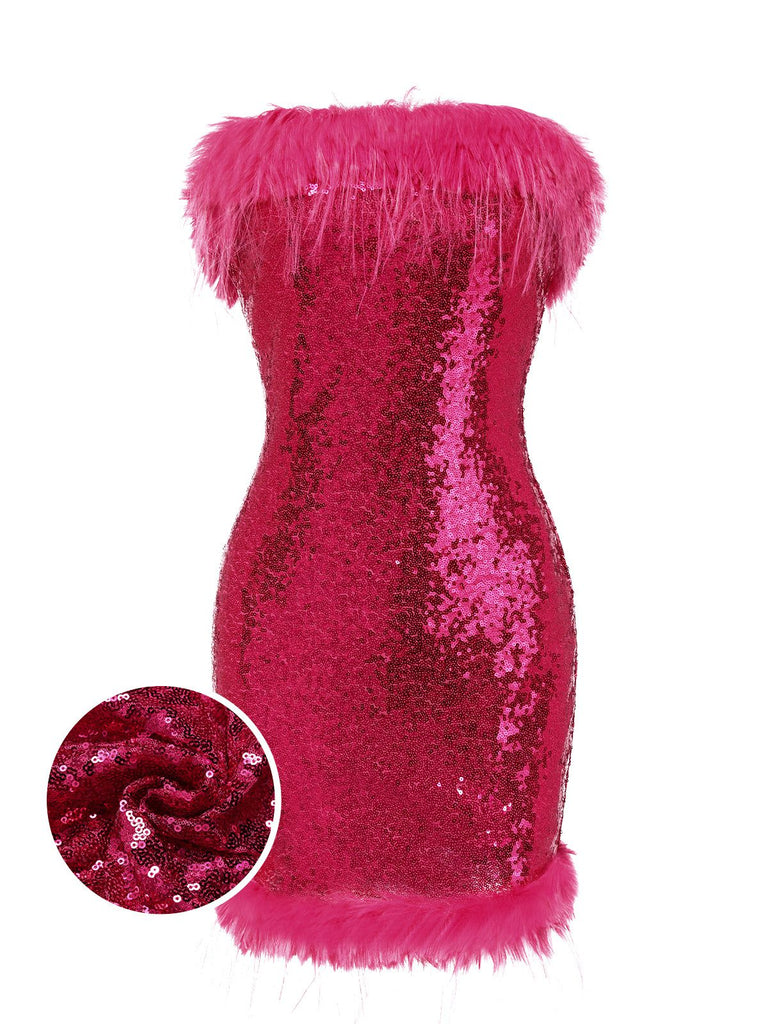 Rose Red 1970s Strapless Sequined Dress