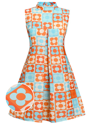 [Plus Size] Orange & Blue 1960s Floral Stand Collar Dress
