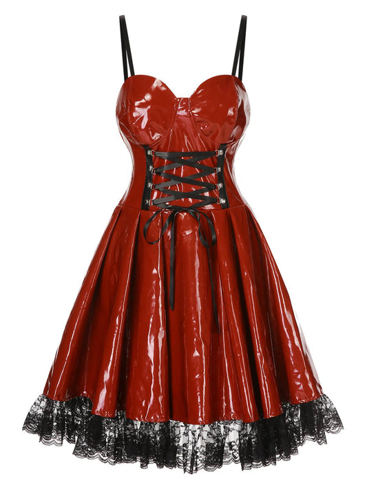 Red 1970s Steampunk Glossy Lace-Up Suspender Dress