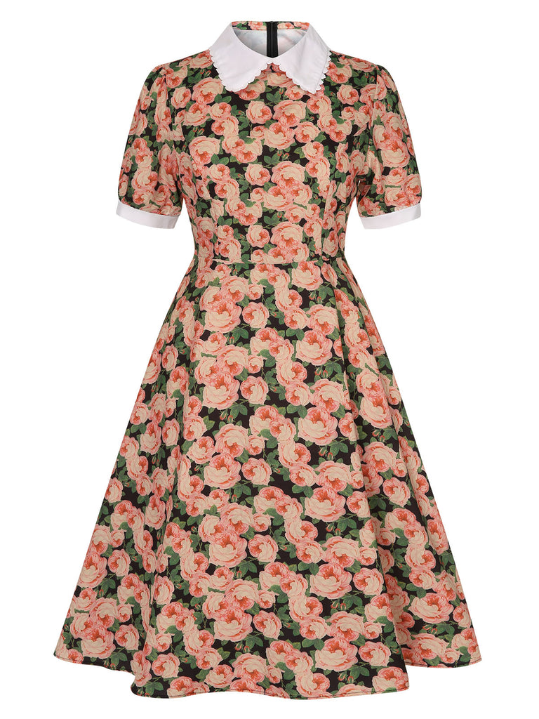 1950s Rose Lapel Puff Swing Dress