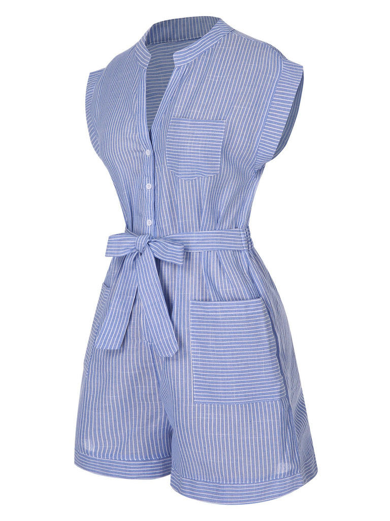 Blue 1950s Striped Belt Pocket Romper