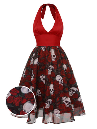 Wine Red 1950s Halter Haloween Roses Skeleton Mesh Dress