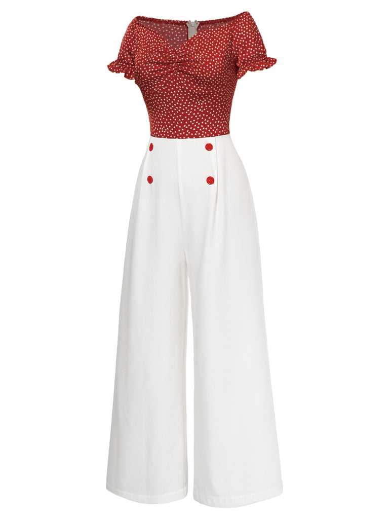 [Pre-Sale] Red 1930s Heart Dots Off-Shoulder Jumpsuit