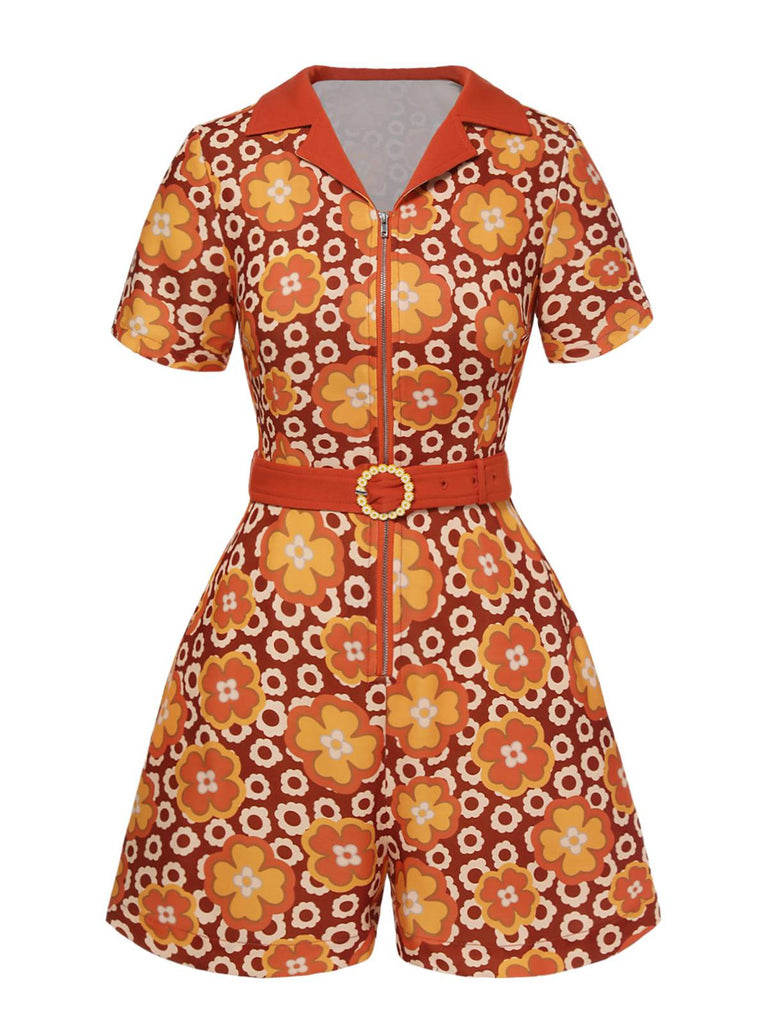 Orange 1960s Cartoon Floral Lapel Romper