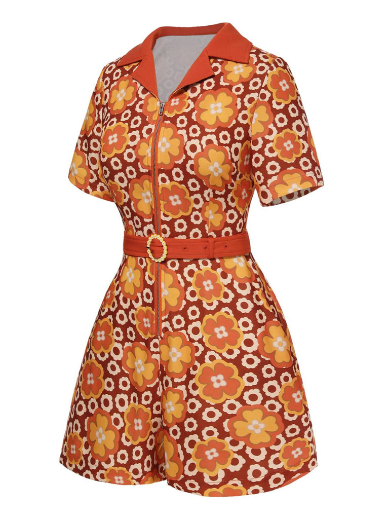 Orange 1960s Cartoon Floral Lapel Romper
