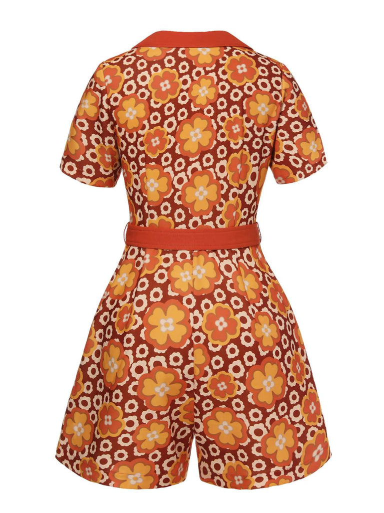 Orange 1960s Cartoon Floral Lapel Romper