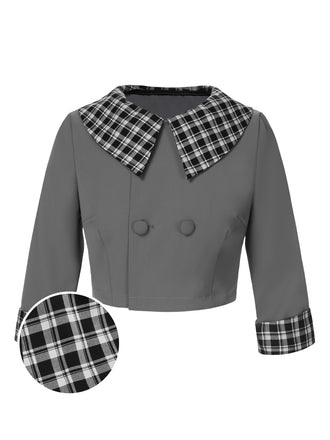 Dark Gray 1950s Lapel Rolled Sleeve Plaid Short Coat