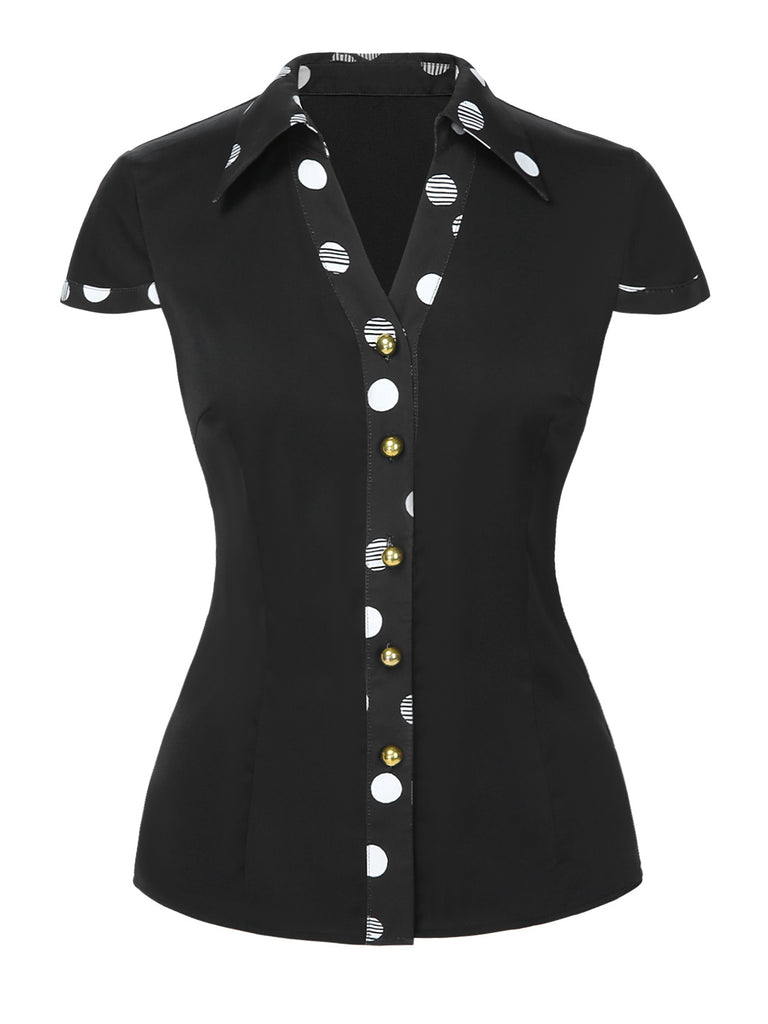 [Pre-Sale] Black 1940s Polka Dots Patchwork Lapel Shirt