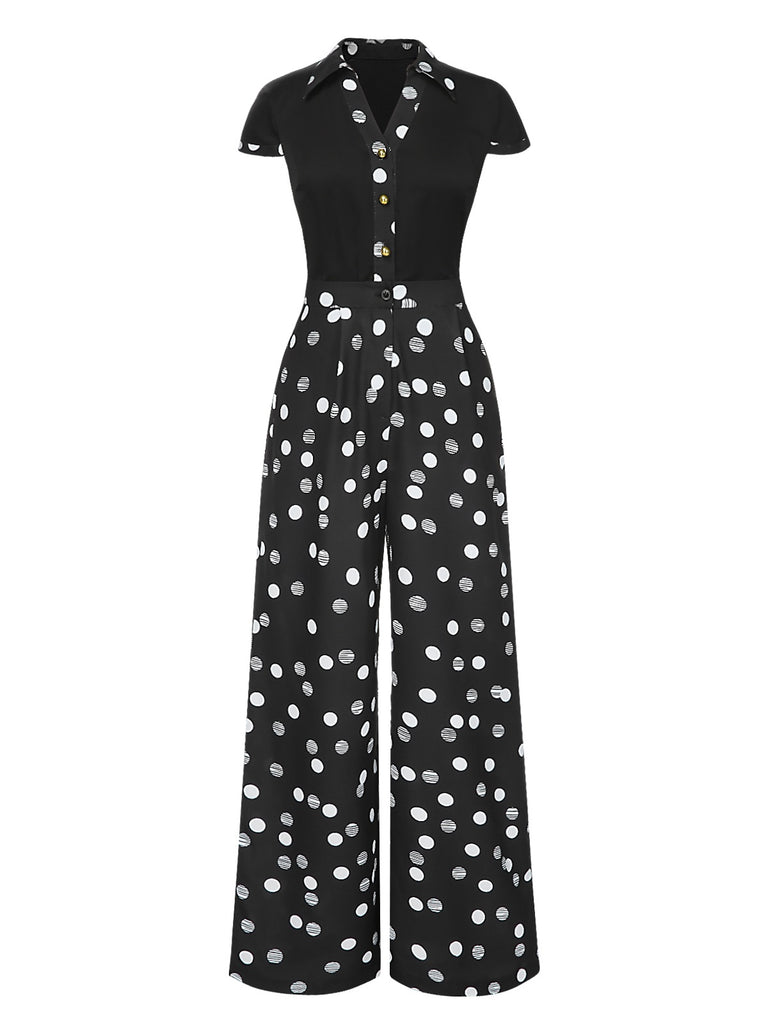 [Pre-Sale] 2PCS 1940s Black Polka Dots Lapel Shirt & Wide Leg Pants