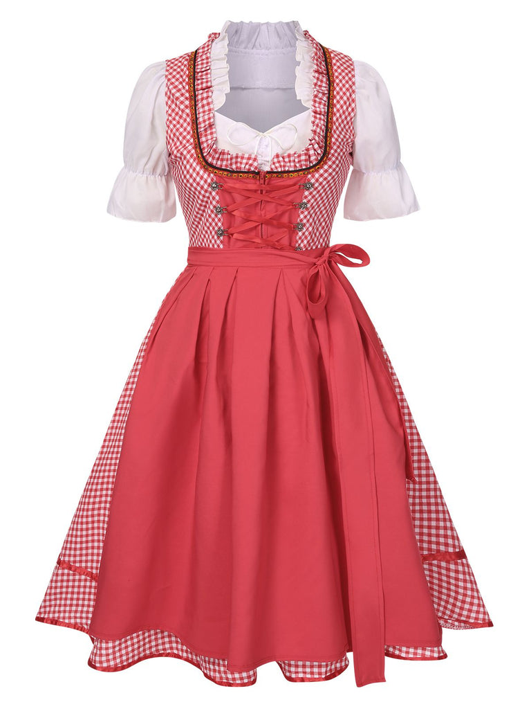 2PCS 1950s Oktoberfest White Top & Red Plaid Dress & Red Apron