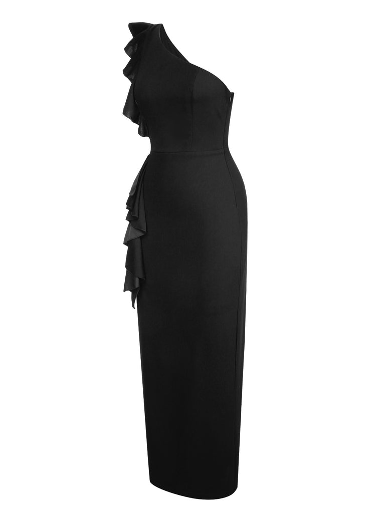 1930s Solid Ruffle One-Shoulder Slit Dress