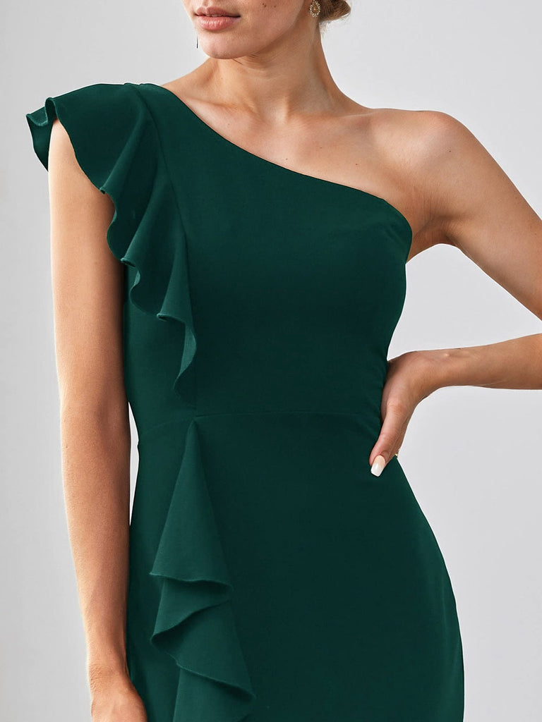 1930s Solid Ruffle One-Shoulder Slit Dress