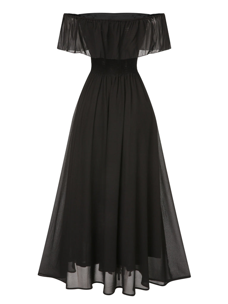 1930s Solid Roll Collar Off Shoulder Slit Dress