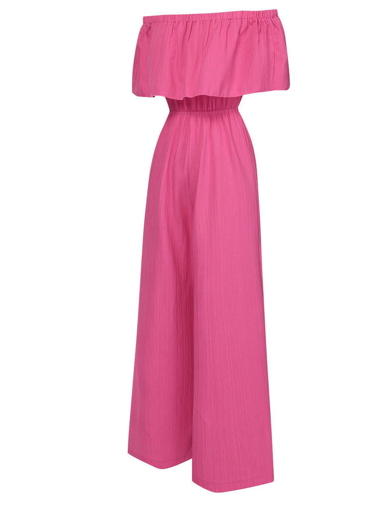 Pink 1960s Solid Off-Shoulder Wideleg Jumpsuit