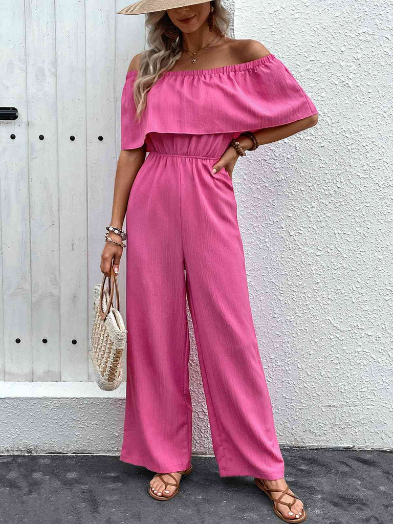 Pink 1960s Solid Off-Shoulder Wideleg Jumpsuit