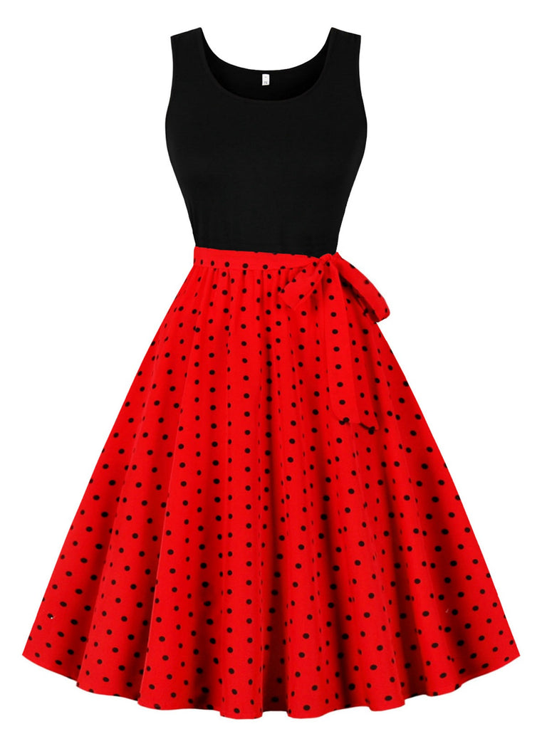 Red 1950s Polka Dot Patchwork Belt Dress