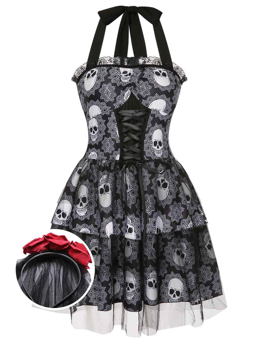 Black 1950s Halloween Skull Lace-Up Halter Dress