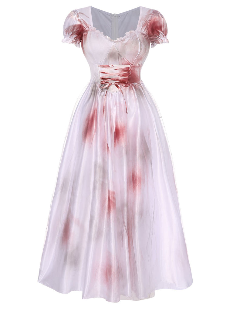 White 1940s Halloween Bloodstains Lace-Up Dress