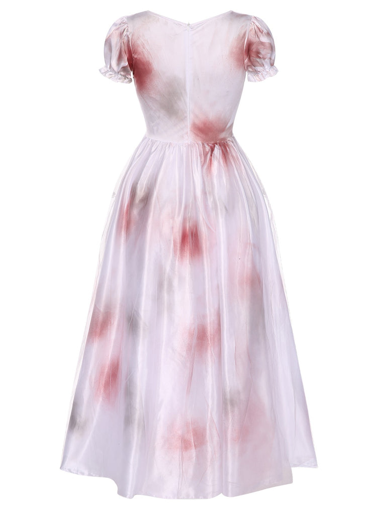 White 1940s Halloween Bloodstains Lace-Up Dress