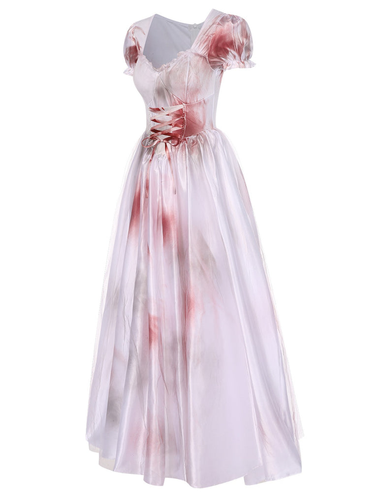 White 1940s Halloween Bloodstains Lace-Up Dress