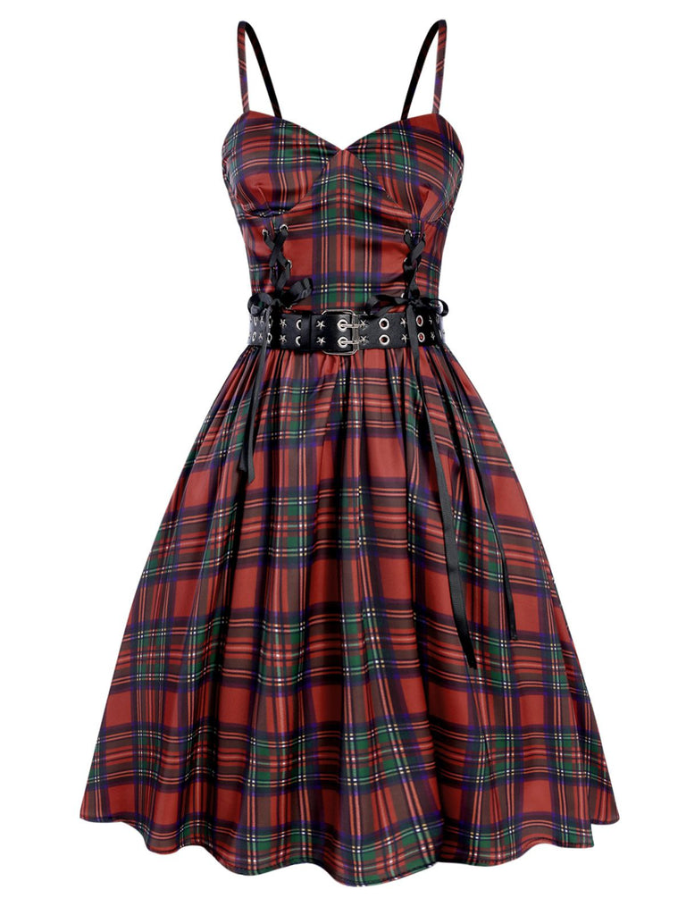 [Pre-Sale] Red 1970s Lace-Up Tartan Spaghetti Straps Dress