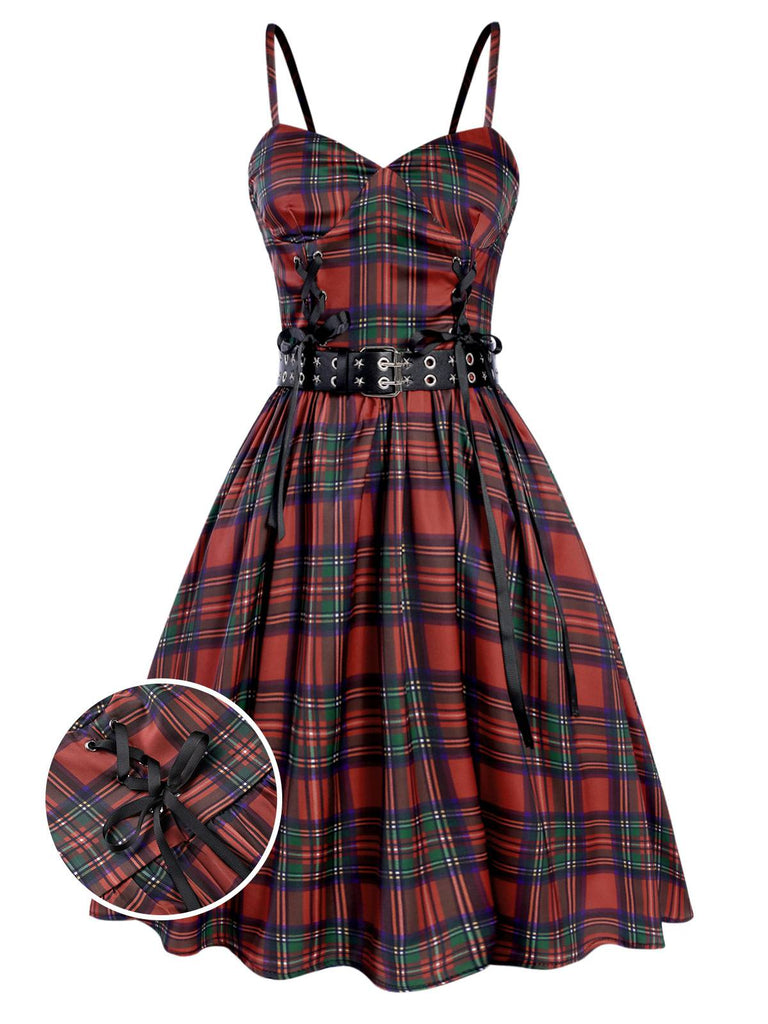 [Pre-Sale] Red 1970s Lace-Up Tartan Spaghetti Straps Dress