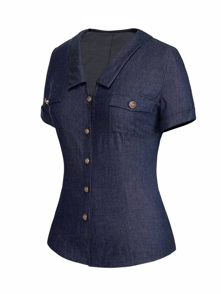 Blue 1940s Solid Button Lapel Blouse