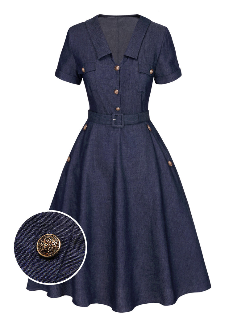 2PCS Blue 1940s Solid Lapel Blouse & Belt Skirt