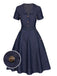 2PCS Blue 1940s Solid Lapel Blouse & Belt Skirt